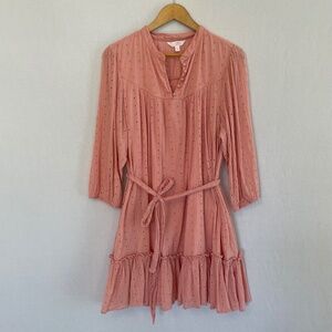 LC LAUREN CONRAD Size XL Pink Eyelet Long Sleeve Full Ruffle Hem Dress